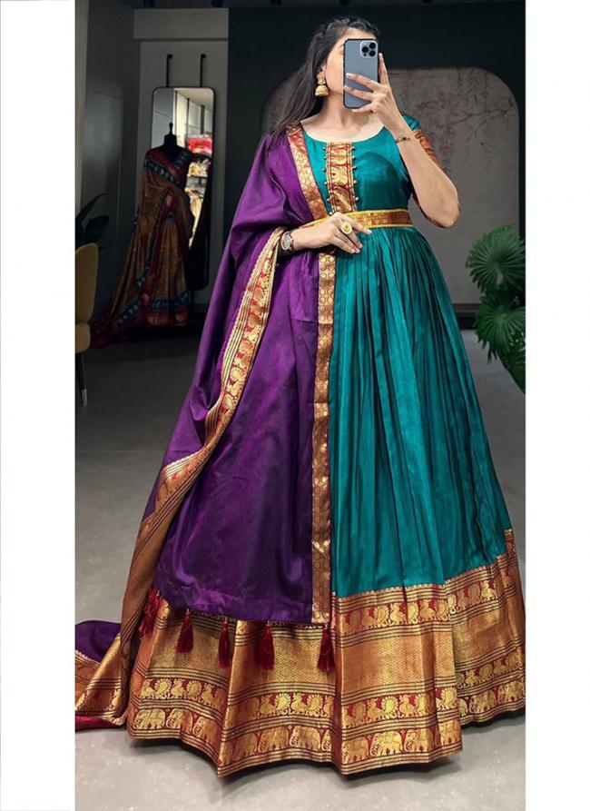 Cotton Teal Traditional Wear Zari Work Readymade Gown With Dupatta